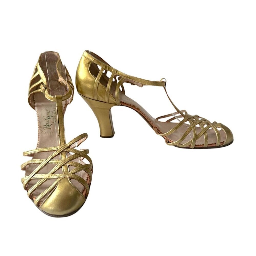 Vintage 1940s Gold T-Strap Flapper Heels by Radiant Styles – Mid Century Glamour